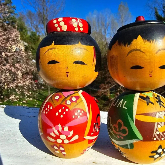 VTG Japanese Bobble Heads KOKESHI Wood Dolls Toys Hand Painted Kimono Craft - Picture 4 of 14